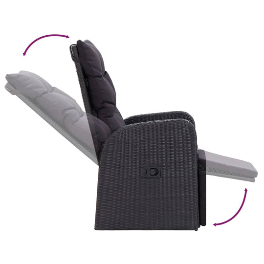 7 Piece Garden Dining Set with Cushions adjustable recliner chair in black PE rattan design