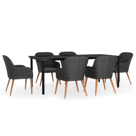 7 Piece Garden Dining Set with Cushions featuring a black table and grey wicker chairs.