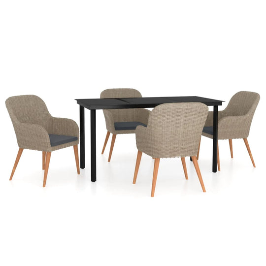 5 Piece Garden Dining Set with Cushions featuring a black table and four rattan chairs with wooden legs.
