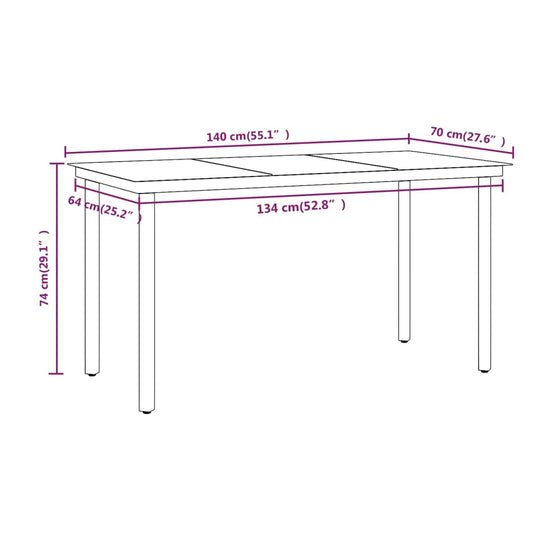 Dimensions of the 7 Piece Garden Dining Set with Cushions table, 140 cm x 70 cm x 74 cm.