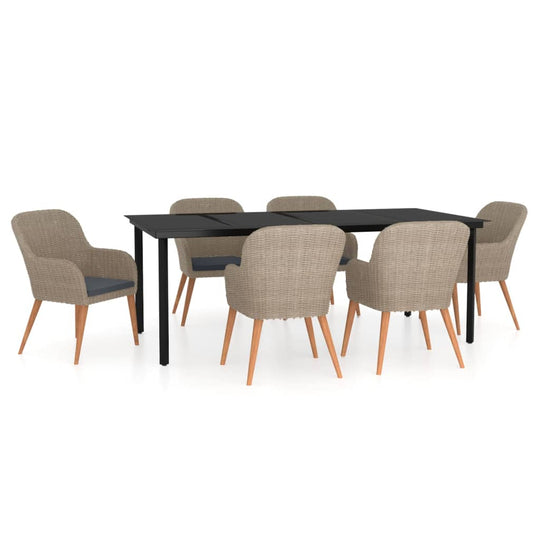 7 Piece Garden Dining Set with Cushions featuring a black table and comfortable rattan chairs.
