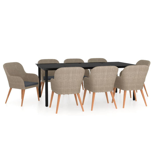 9 Piece Garden Dining Set with Cushions featuring a rectangular table and stylish rattan chairs.