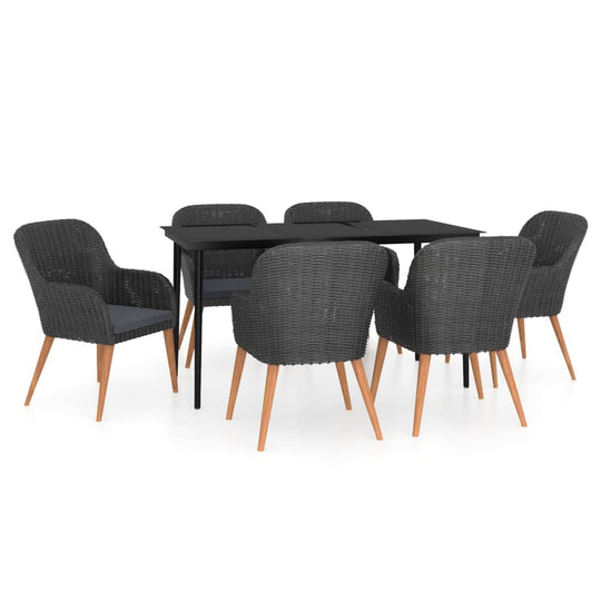 7 Piece Garden Dining Set with Cushions on display, featuring woven chairs and a sleek table, perfect for outdoor dining.