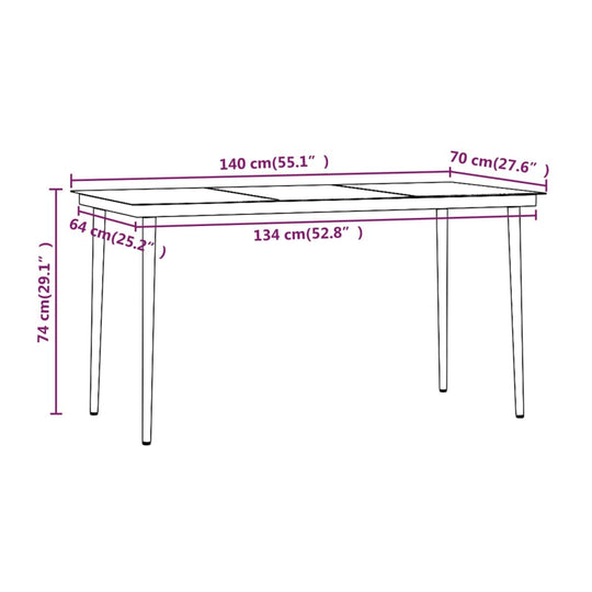 Dimensions of the 7 Piece Garden Dining Set with Cushions table: 140 cm x 70 cm, height 74 cm.