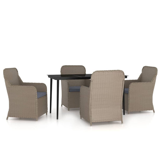 5 Piece Garden Dining Set with Cushions featuring a black table and beige rattan chairs with cushions.