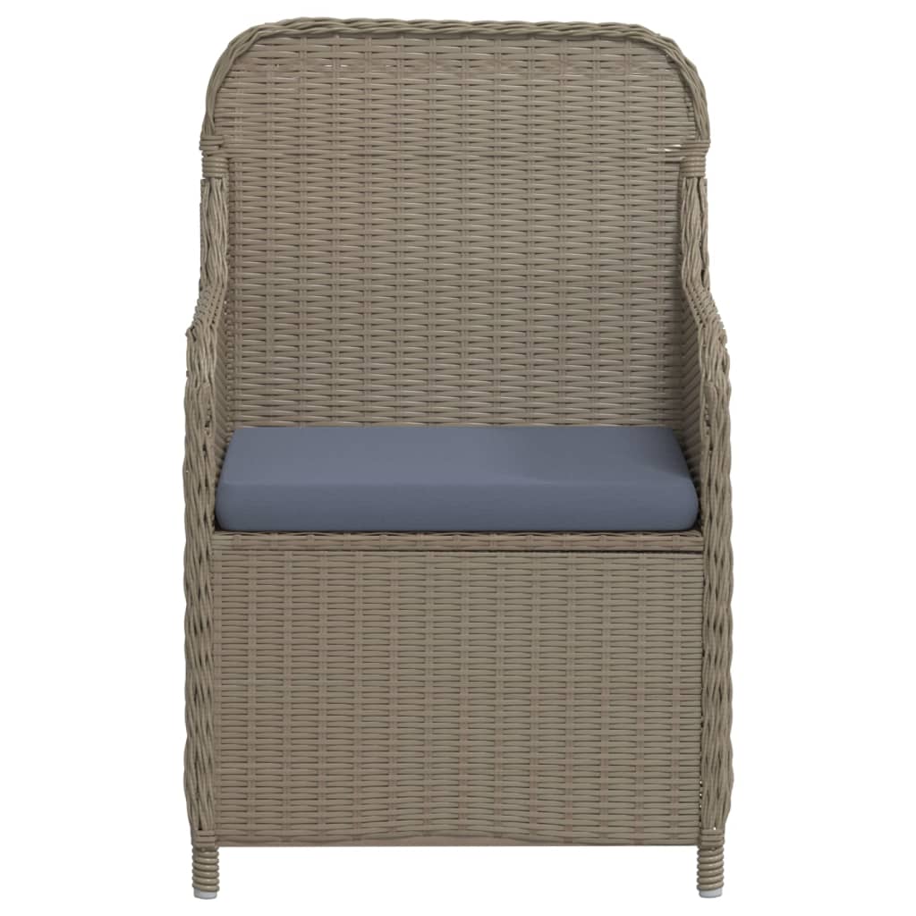 5 Piece Garden Dining Set with Cushions grey rattan chair with blue cushion, perfect for outdoor dining or relaxing.