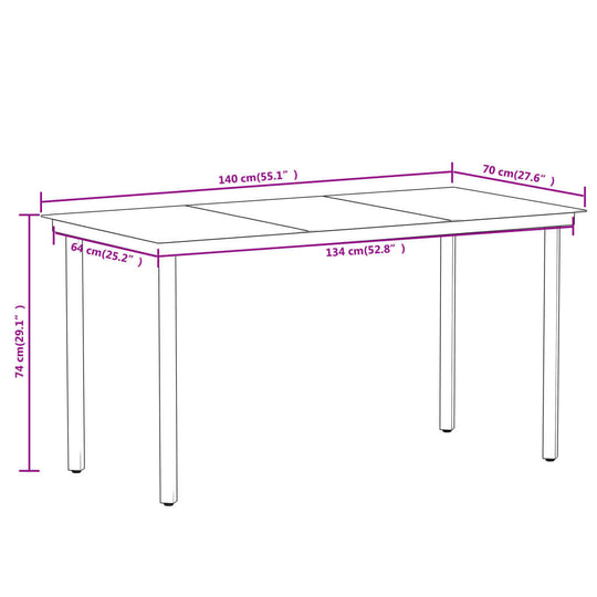Dimensions of a 5 Piece Garden Dining Set table showing length and width measurements.