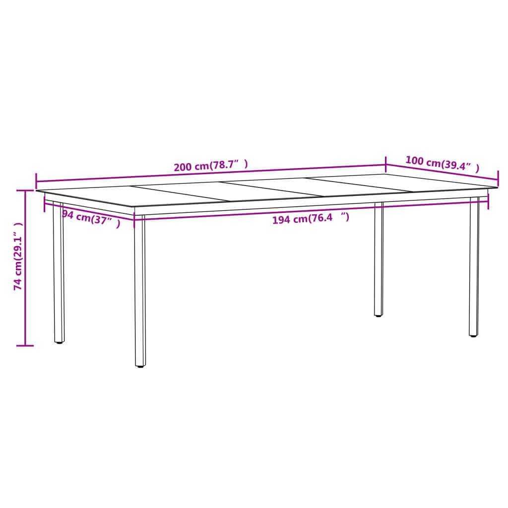 Dimensions of 7 Piece Garden Dining Set table showing length, width, and height measurements for outdoor dining.