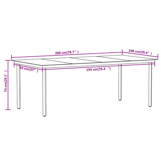 Dimensions of 7 Piece Garden Dining Set table showing length, width, and height measurements for outdoor dining.