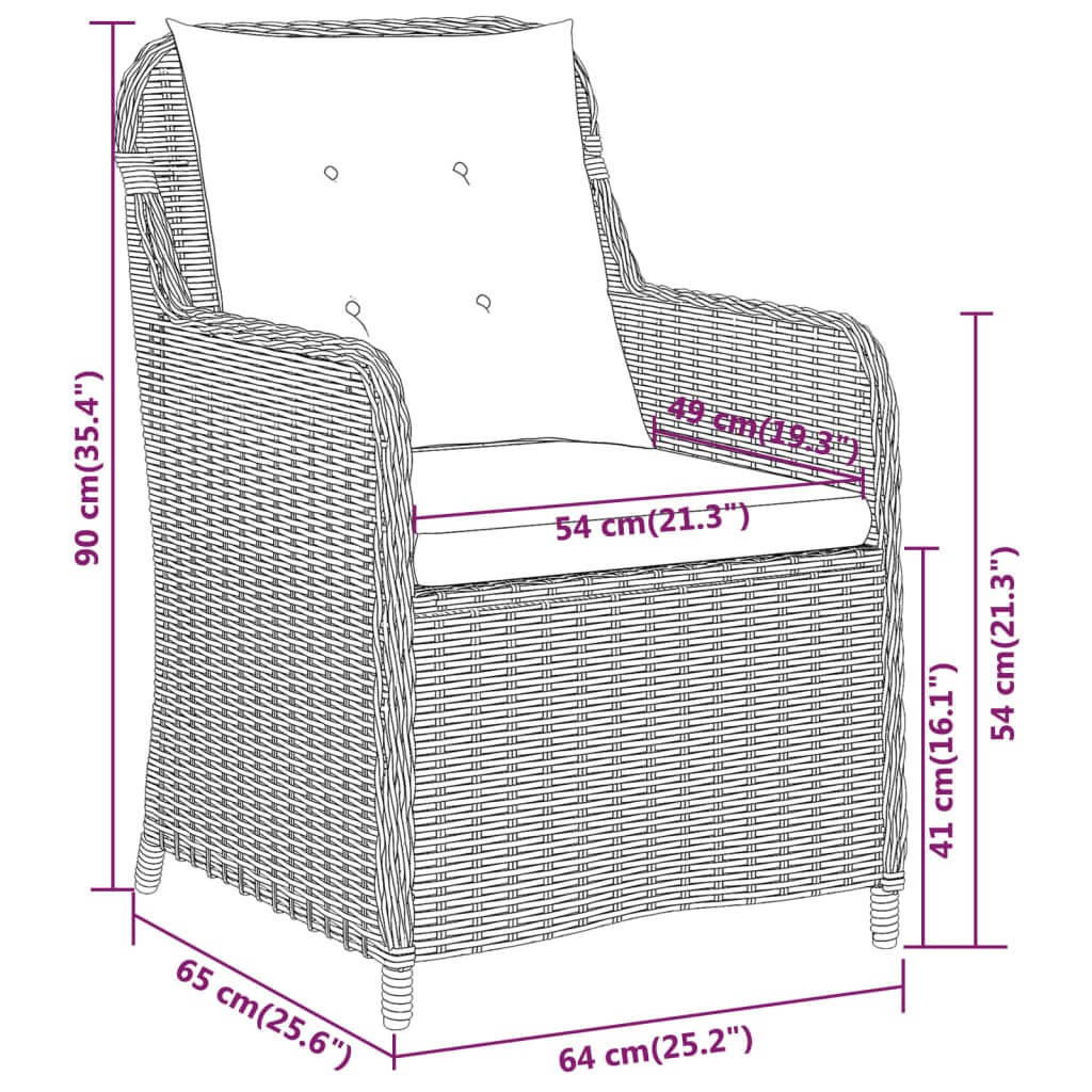 Dimensions of a stylish outdoor lounge chair with PE rattan seating and a comfortable cushion, perfect for garden furniture.