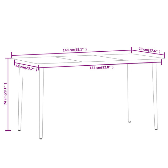 Dimensions of a 5 Piece Garden Dining Set table, 140x70 cm, showcasing a sleek and sturdy design for outdoor furniture.