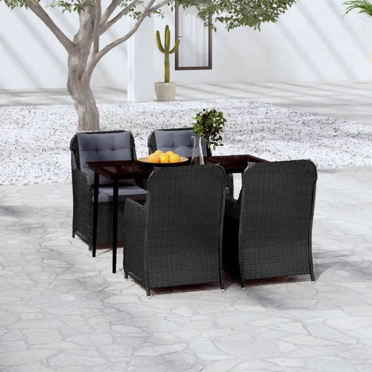 5-piece black garden dining set with PE rattan chairs and a stylish table, perfect for outdoor furniture and lounging.