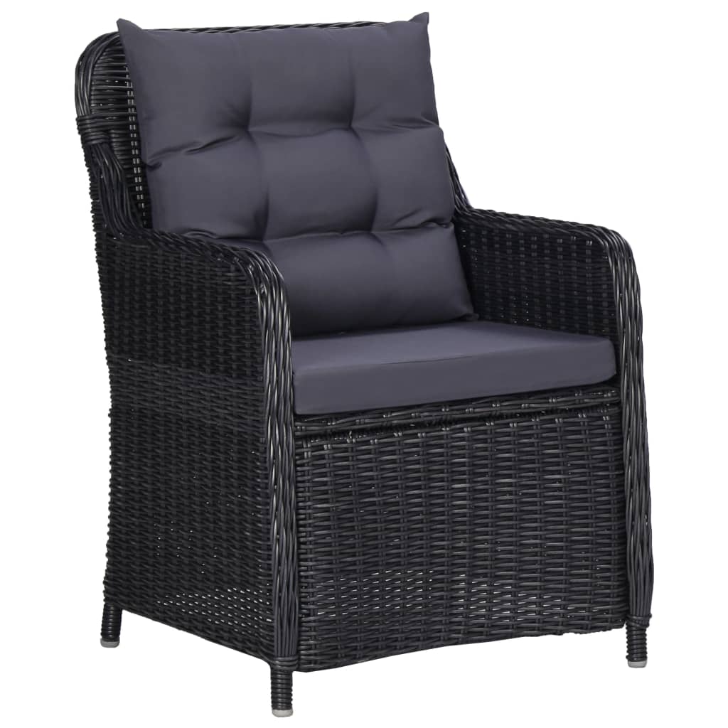 Comfortable black rattan chair with cushion, perfect for the 7 Piece Garden Dining Set.