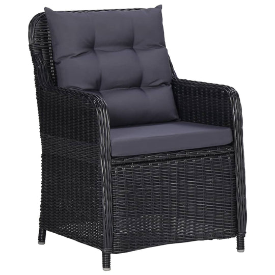 Comfortable black rattan chair with cushion, perfect for the 7 Piece Garden Dining Set.