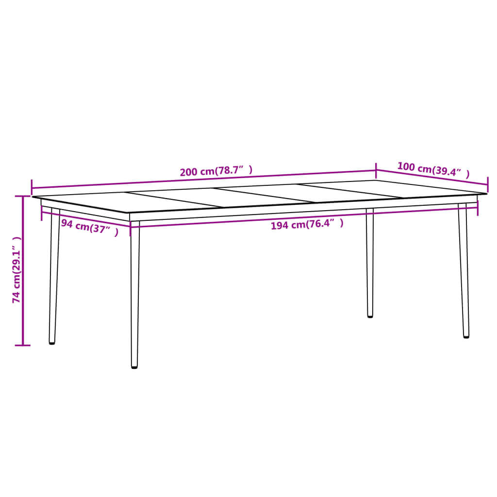 7 Piece Garden Dining Set dimensions showcasing table measurements for outdoor dining.