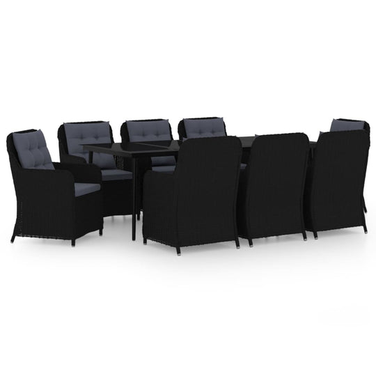 9 Piece Garden Dining Set featuring a stylish black rattan design with comfortable chairs and a spacious table.