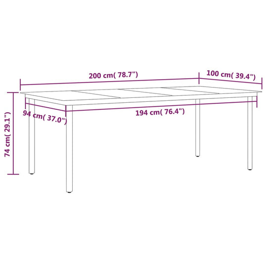 Dimensions of the table from the 7 Piece Garden Dining Set, showing length, width, and height for outdoor use.