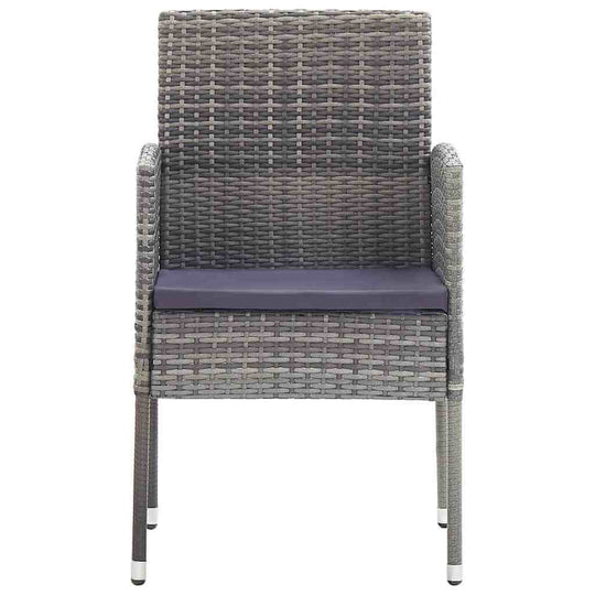 Front view of a stylish chair from the 5 Piece Garden Dining Set, featuring gray PE rattan and a comfortable cushion.