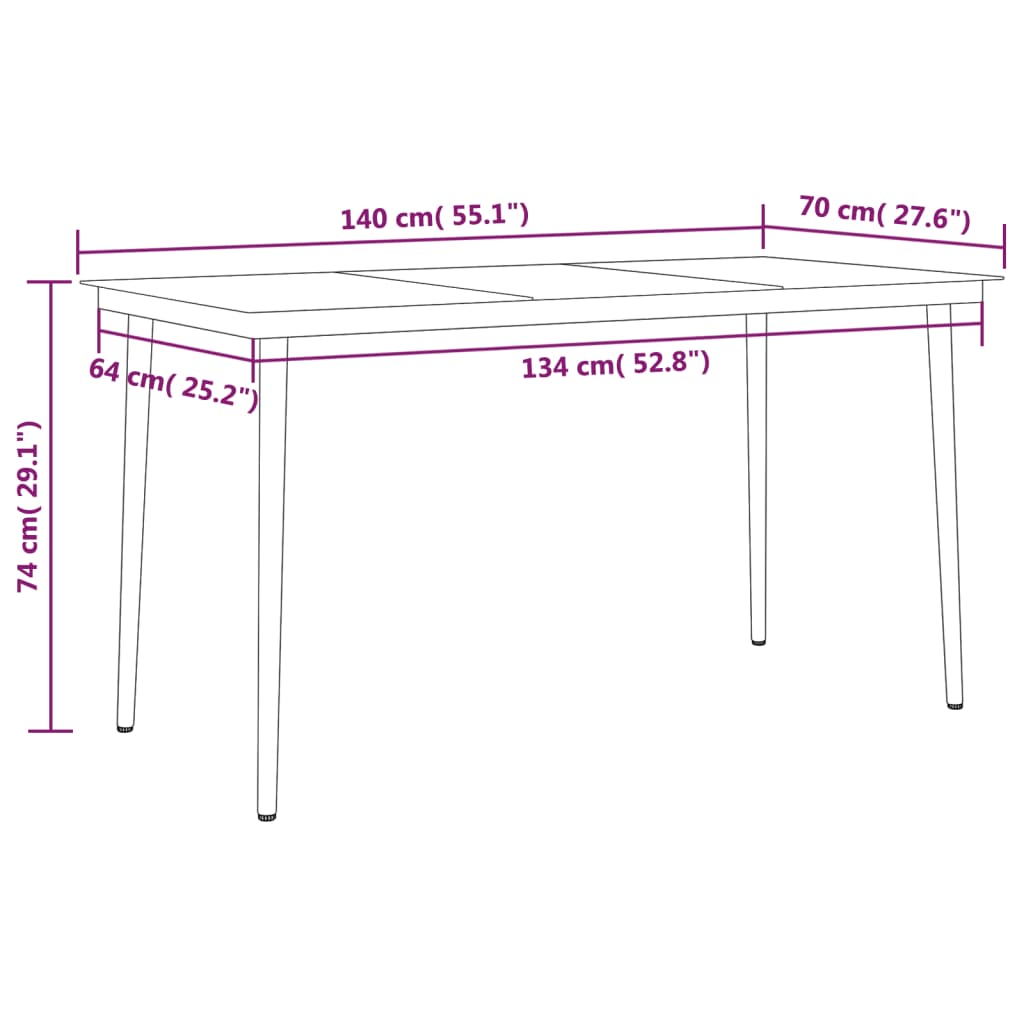 Dimensions of the 5 Piece Garden Dining Set table, showcasing a sleek design for outdoor dining.