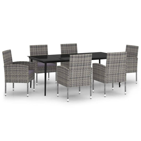 7 Piece Garden Dining Set featuring a sleek design with rattan chairs and a black glass tabletop for outdoor dining.