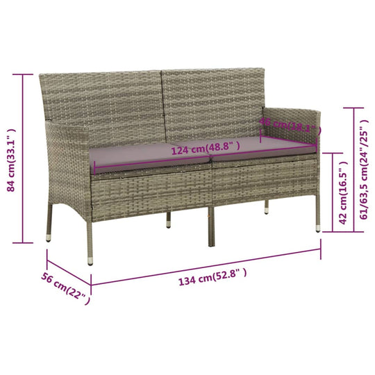 Dimensions of 3-Seater Garden Sofa with Cushion Poly Rattan, showing length, depth, and height measurements in centimeters and inches.