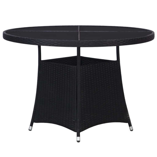 Black round garden table with glass top, made of durable poly rattan, ideal for outdoor furniture and lounge settings.