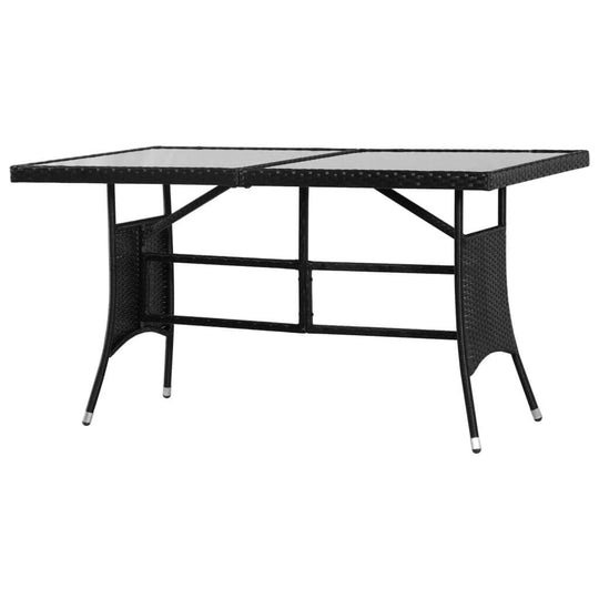 Black garden table 140x80x74 cm made of poly rattan with a glass top, perfect for outdoor furniture setups.