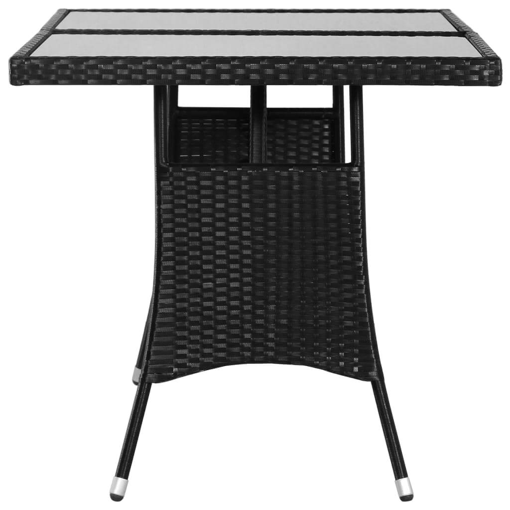 Black poly rattan garden table with glass top, perfect for outdoor furniture in gardens and patios.