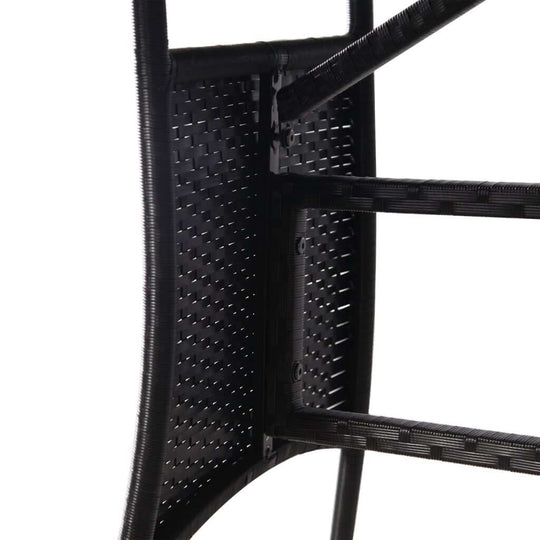 Close-up of black poly rattan garden table frame showing sturdy construction and woven design for outdoor use.