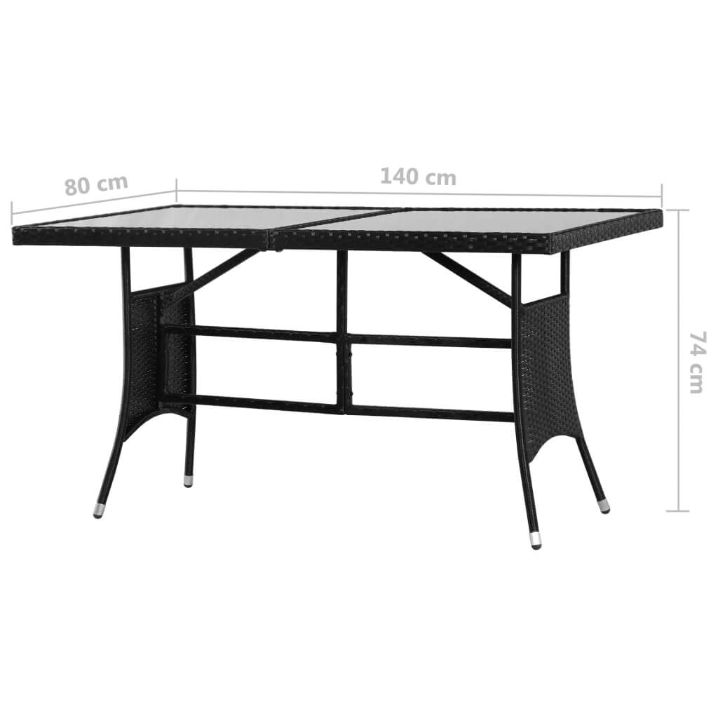 Black garden table with glass top, dimensions 140x80x74 cm, made of durable poly rattan, perfect for outdoor furniture.