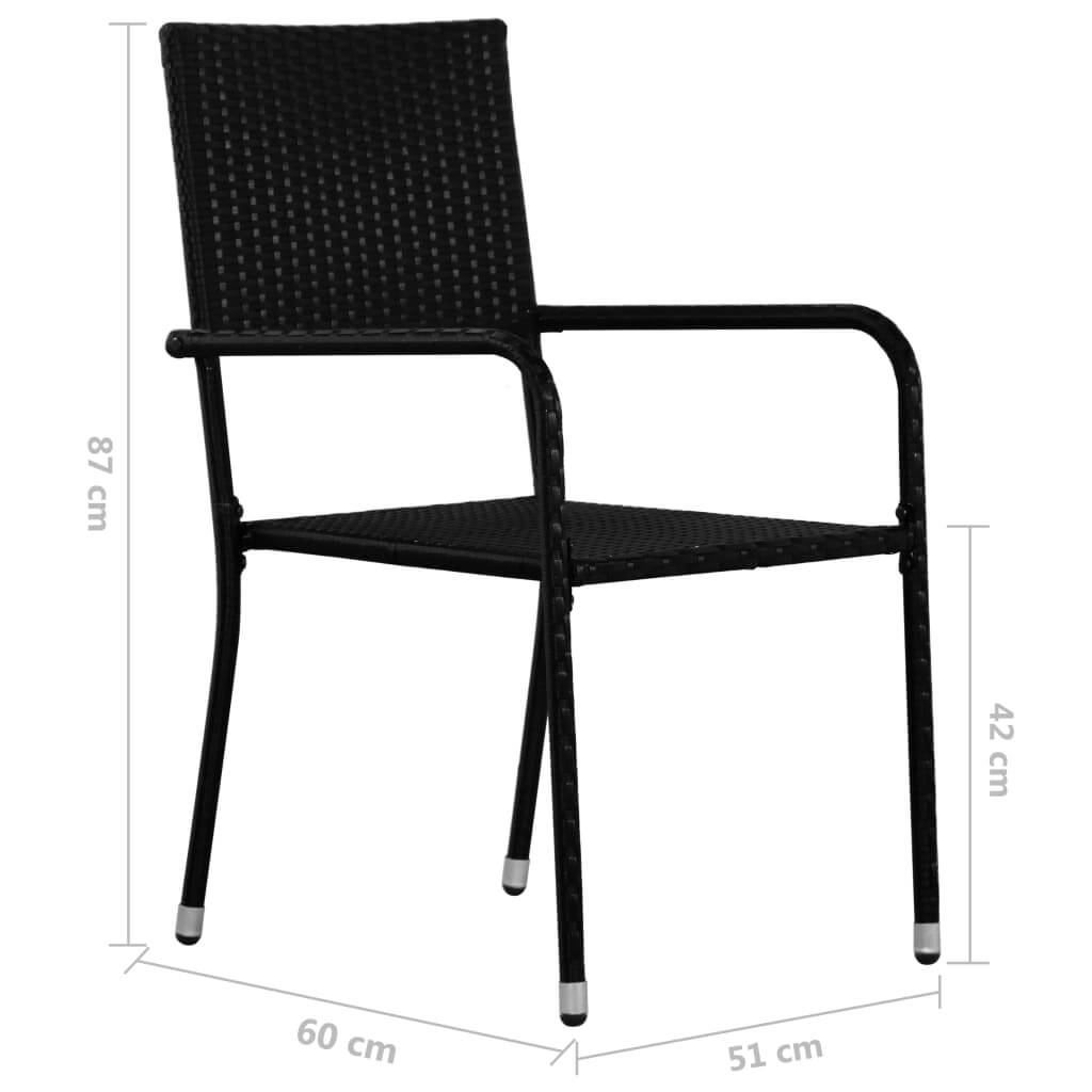 Stackable black poly rattan garden dining chair with dimensions, perfect for outdoor furniture and lounging.