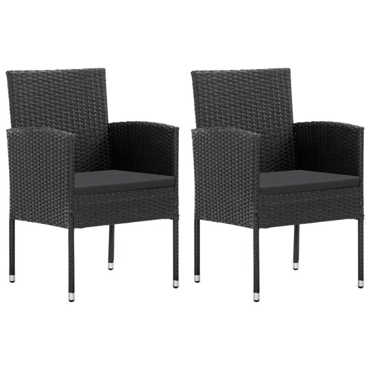 Set of 2 outdoor garden chairs with black cushions made of durable poly rattan, perfect for relaxing or dining.