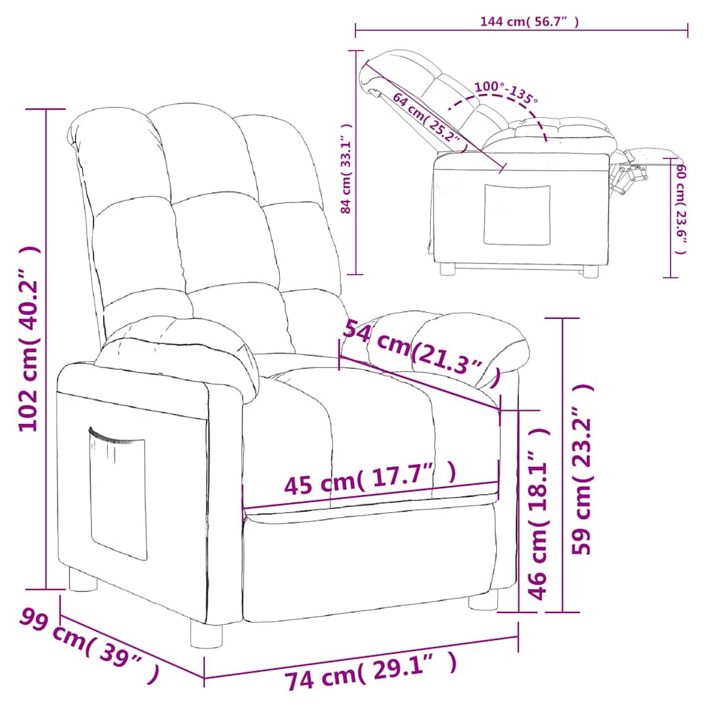 Recliner Chair Fabric dimensions diagram showcasing detailed measurements and reclining positions.