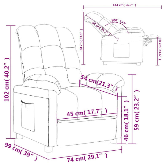 Recliner Chair Fabric dimensions diagram showcasing detailed measurements and reclining positions.