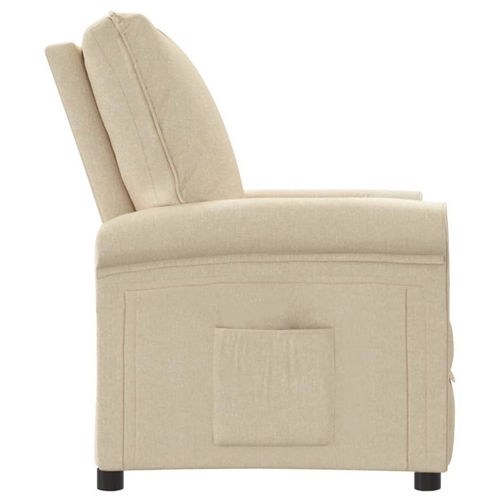 Side view of a cream fabric recliner chair with manual reclining function and side pocket for storage.