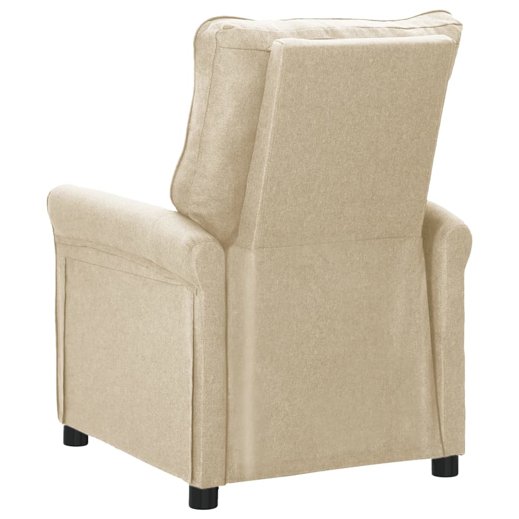 Cream fabric recliner chair with manual reclining function, featuring thick padding and wide armrests for comfort.