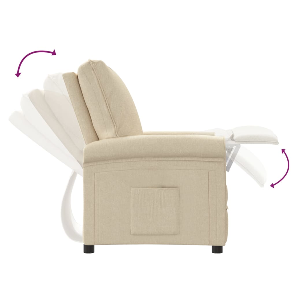 Cream fabric recliner chair showcasing manual reclining positions for ultimate comfort and relaxation.