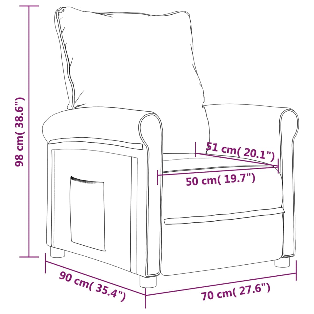 Dimensions of a cream fabric recliner chair with measurements highlighted for comfortable seating arrangements.