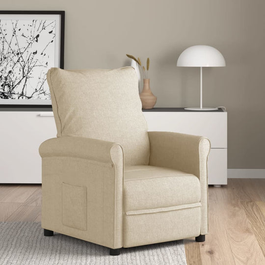 Cream fabric recliner chair with manual reclining function in a cozy living room setting.