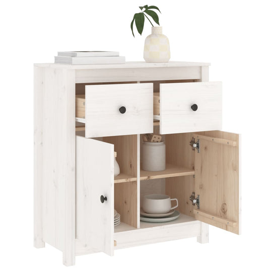 White solid pine sideboard with storage drawers and cabinets, perfect for living room furniture and organization.