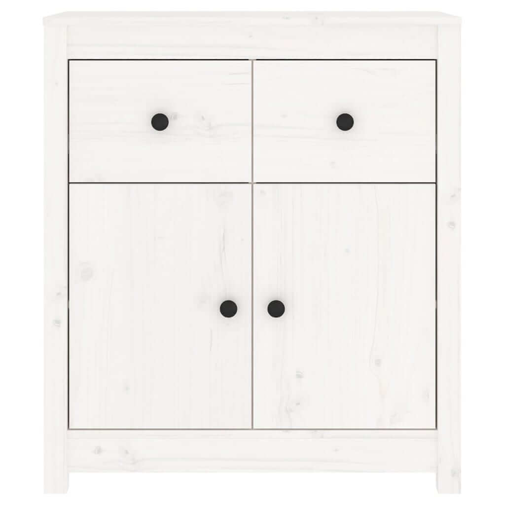 White sideboard cabinet made of solid pine wood with four drawers and minimalist black knobs. Ideal for organized living room storage.