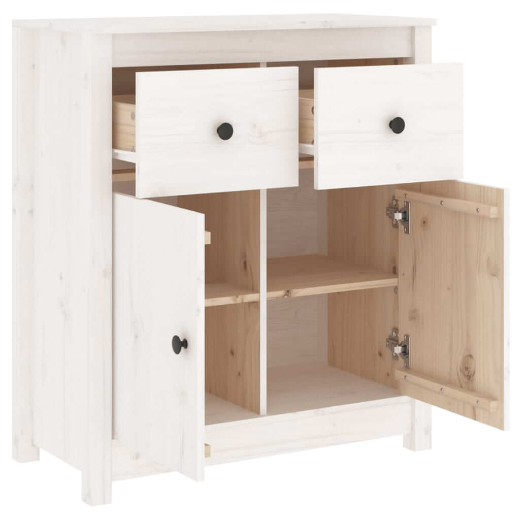 Solid wood pine sideboard in white, featuring two drawers and two doors for ample storage in a rustic style.