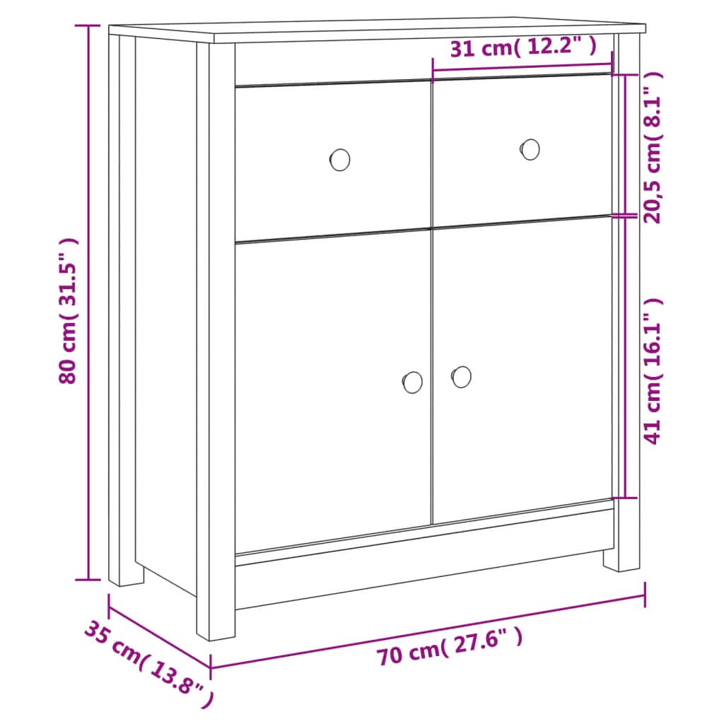 Dimensions and design of a white solid wood pine sideboard, showcasing storage capabilities and rustic style.