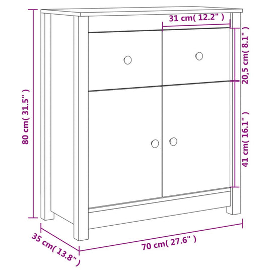 Dimensions and design of a white solid wood pine sideboard, showcasing storage capabilities and rustic style.