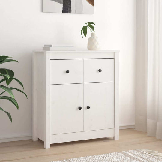 White solid wood sideboard with four storage compartments, ideal for tidy living rooms and versatile furniture arrangements.