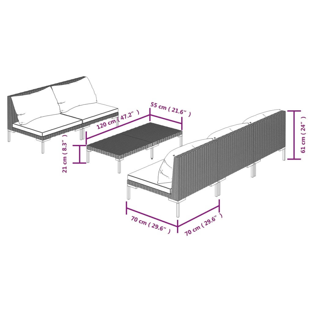 Dimensions of the 6 Piece Garden Lounge Set with Cushions Poly Rattan Dark, showcasing seating and table specifications.