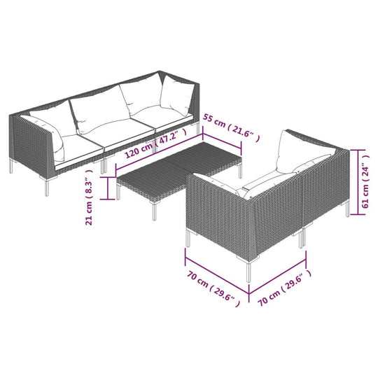 Dimensions of the 6 Piece Garden Lounge Set with Cushions Poly Rattan Dark, showcasing its parts and sizes.