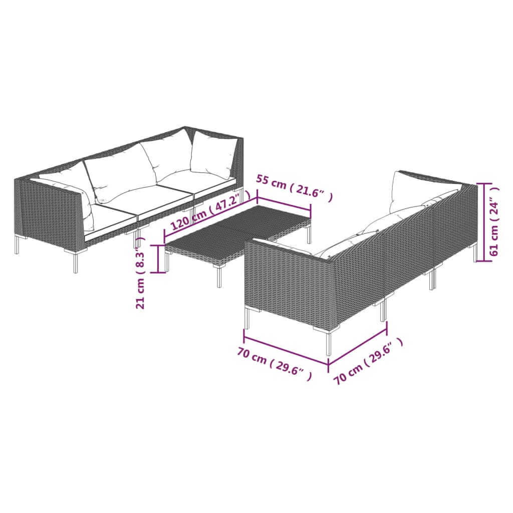 7 Piece Garden Lounge Set with Cushions Poly Rattan Dark dimensions and layout illustration.