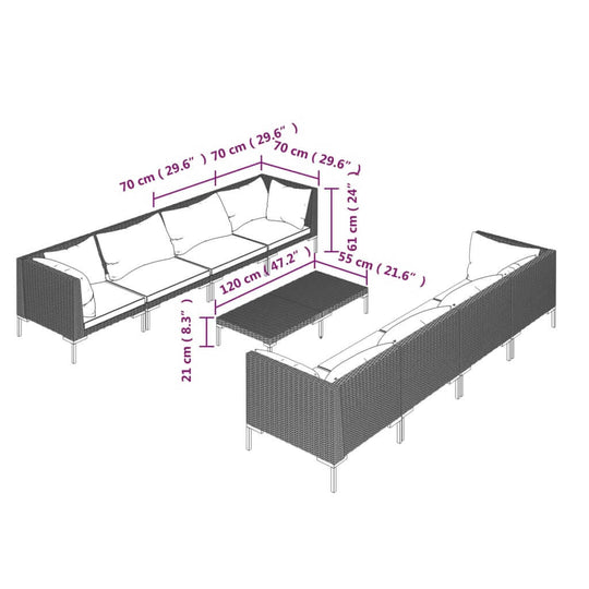 9 Piece Garden Lounge Set with Cushions Poly Rattan Dark dimensions illustration, showing sofa and coffee table measurements.