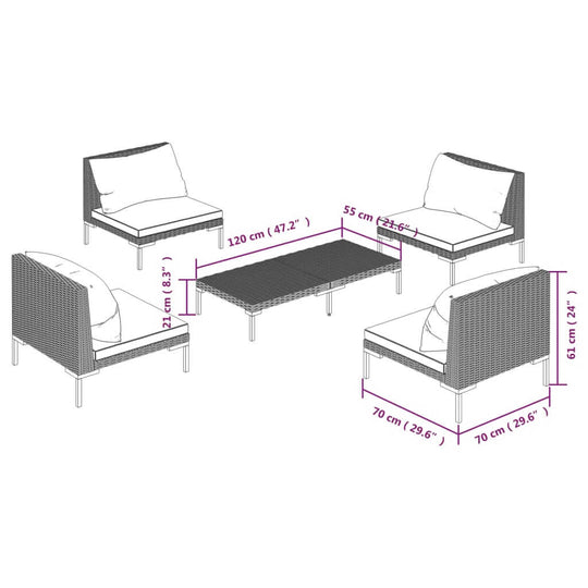 5 Piece Garden Lounge Set with Cushions Poly Rattan Dark dimensions illustration showing set arrangement and sizes.